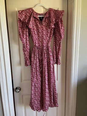 Horror Vacui Gertrude Red & White Floral Ruffled Long-Sleeve Midi Dress Sz Small